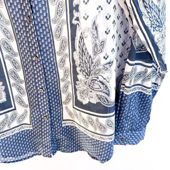 Ann Taylor Blue White Paisley Print Cotton Silk Long Sleeve Top Small - Picture 4 of 8